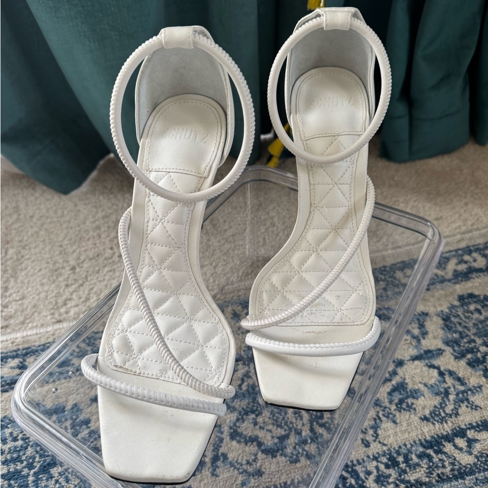SCHUTZ | Gaiah Ankle Strap Sandals | White Leather | Size 8.5